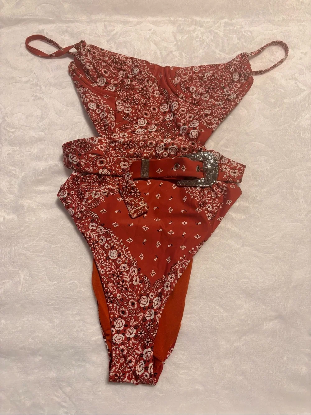 NWOT ONIA Red Bandana Print One-Piece Swimsuit with Buckle. XS